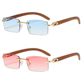 Heptagram Rectangle Fashion Rimless Sunglasses for Women Men Gangster 90s Frameless Shades Retro Vintage Trendy Eyewear (2 PCS-Gradient Blue Lens+Gradient Pink Lens)