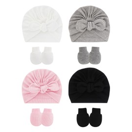 ZURLEFY Baby Girl Hats and Mittens Set for 0-6 Months, Newborn Hospital Hats with Bow for Infant Baby No Scratch Cotton Mittens Set(31G-16)