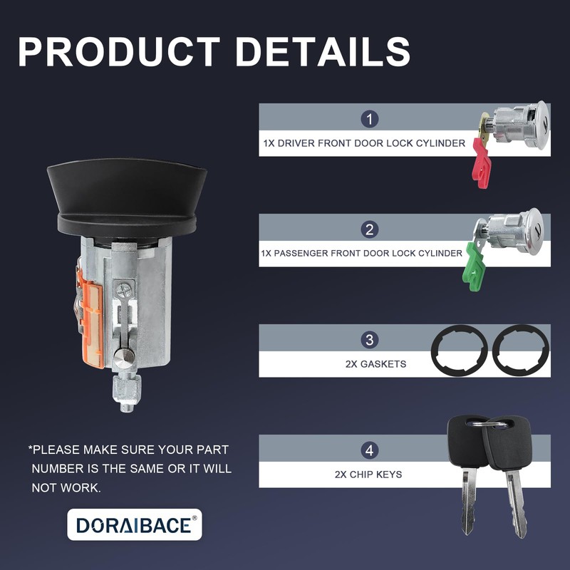 Ignition Switch Lock Cylinder&Two Door Lock Cylinder Set With 2
