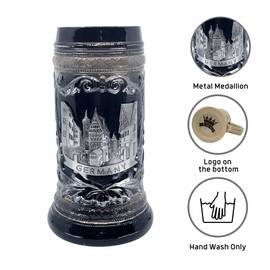 .6 Liter Charcoal Black Deluxe Ceramic Beer Stein Mug with Deutschland Germany Village Scene Engraved Metal Medallion