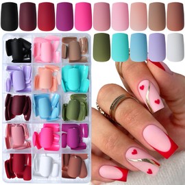 LoveOurHome 360pc Matte Square Press on Nails Medium Fake Nails Straight Square False Nail Press ons Colored Artificial Fingernails French Acrylic Nail Tips 15 Colors for Women Girls