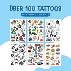100 stick-on tattoos - skin-friendly children's tattoos boys teenagers - child-friendly designs - as a birthday present or gift idea - vegan.