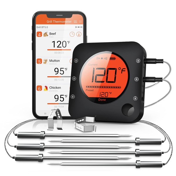 BFOUR Bluetooth Meat Thermometer Wireless Meat Thermometer, Wireless Digital Grill Thermometer with 6 Temperature Probes, Large LCD Display, Meat Thermometer for Grill, Smoker, Oven and BBQ
