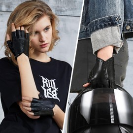 FIORETTO Womens Punk Fingerless Leather Gloves for Driving Motorcycle Unlined Half Finger Sheepskin Black Large