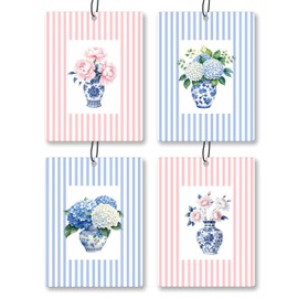 RYVJU Chinoiserie Flower English Pear and Freesia Car Scents Air Freshener 4 Pcs, Pink Blue Striped Preppy Floral Hanging Air Freshener for Closet Drawer Bathroom Books Accessories Decor for Women