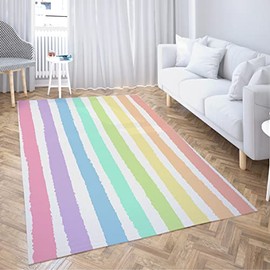 LOKMU Non-Slip Area Rugs Watercolor Pastel Brush Strokes Striped Blue Rainbow Pattern Abstract Home Decor Rugs Carpet for Classroom Living Room Bedroom Dining Kindergarten Room 8'x10'
