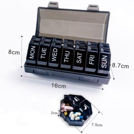 Weekly Pill Organizer 4 Time a Day，Pill Dispensers， Pill Box 7 Day with 28 Extra Large Compartments Portable Travel ，4 Times a Day Pill Case, for Medication/Vitamins/Fish Oils/Supplements (Black)