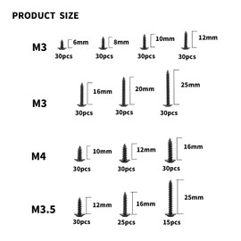 QOOSIKICC 370 Pieces Self Tapping Screws Assortment Set, Phillips Flat Head Screws with Disc Head for Plastic Wood Metal - M3, M3.5, M4, Black, Carbon Steel