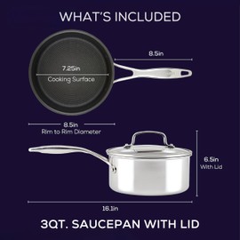 Circulon C1 Series Clad Stainless Steel with ScratchDefense Technology Cookware Nonstick Induction Saucepan with Lid, Metal Utensil Safe, 3 Quart - Polished Stainless Steel