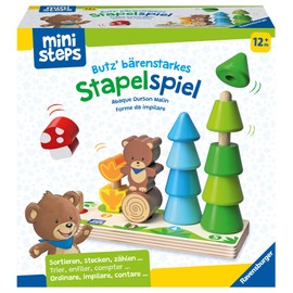 Ravensburger ministeps 4580 Butz' Bear-Strong Stacking Game, Wooden Stacking Board with Turrets of 1-5 Pieces, Baby Toy from 1 Year, White