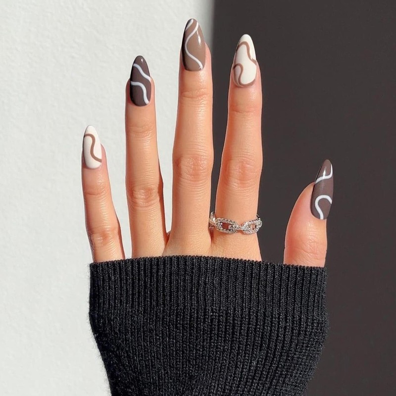 Brown Press on Nails Almond, KXAMELIE Nails Glue Medium Length