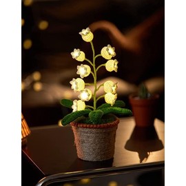 CharySim CharySim Lily of The Valley Lamp 10Pcs Crochet Artificial Flowers with Lights Included Pots for Birthday Gift Crochet Bouquet Flowers Valentine's Mother Flower Knitted Gifts Desk Home Indoor Decor