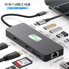 USB C to Dual Monitor Docking Station, USB C to Dual HDMI (4K @ 60Hz) Multiport Adapter (10 in 1 2HDMI 4K60Hz+ RJ45)
