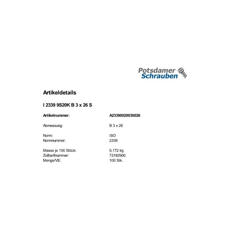 100 Taper Pins ISO 2339 9S20K B 3x26 Steel