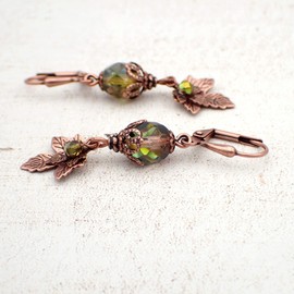 Iridescent Green and Antiqued Copper-Plated Autumn Maple Leaf Charm Lever-back Earrings