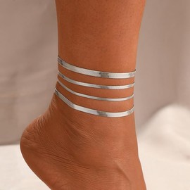 Layered Ankle Bracelets for Women,Snake Chain Anklets Set Summer Beach Jewelry (Silver, One Size)