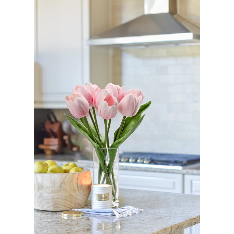 Briful Fake Flowers Artificial Tulip Flower Pink in Clear Vase,