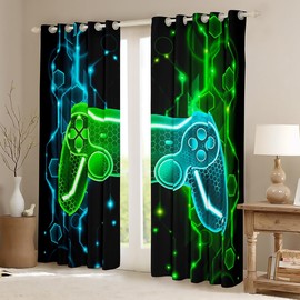 Homemissing Kids Gamer Curtains for Bedroom Game Controller Darkening Drapes W46*L54 Boys Gaming Gifts 30%-50% Blackout Curtains Gamepad Pattern Green Teal Blue Window Treatments