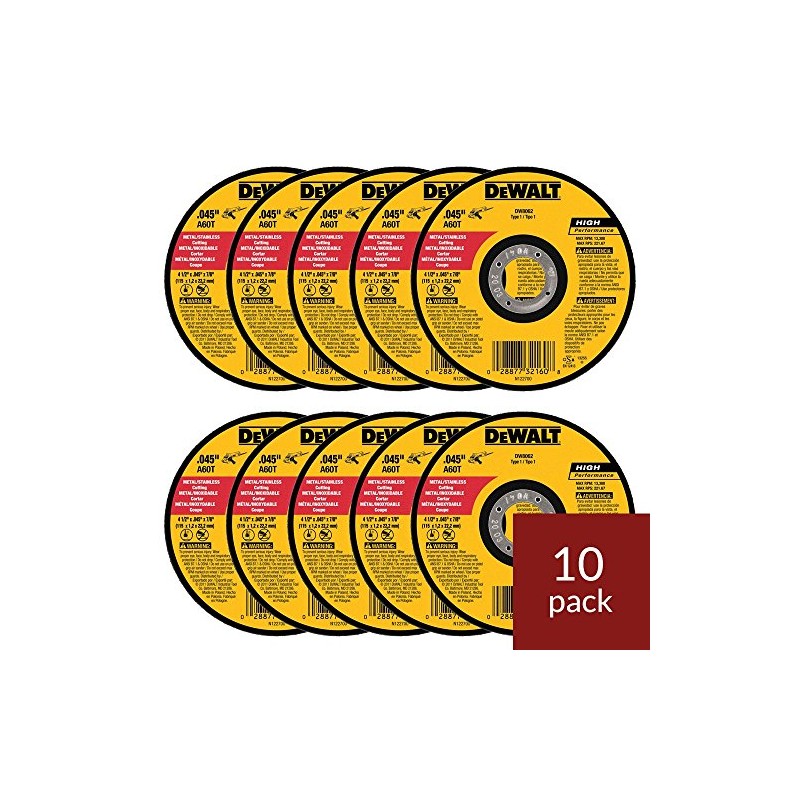DeWalt DW8062 4-1/2"x.045"x7/8" Metal Angle Grinder Thin Cutoff Wheel, 10