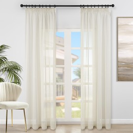 Topfinel Set of 2 Curtains with Ruffle Tape, 140 x 300 cm (W x H), Transparent Curtains for Living Room, Bedroom, Window, Beige