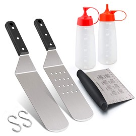 Griddle Accessories Set of 5, Leonyo Stainless Steel Grill Griddle Tool Set- Metal Spatula for Flat Top Hibachi Teppanyaki Kitchen Cooking, Riveted Grip, Dishwasher Safe, S Hooks, Indoor Outdoor
