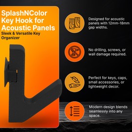 SplashNColor Key Hook for Acoustic Panels - No Drill Key Organizer, ABS Material, Easy Installation for Small Light Objects, Versatile Use for Keys, Caps & Pictures - Effortless Style - Black, 3 Pack