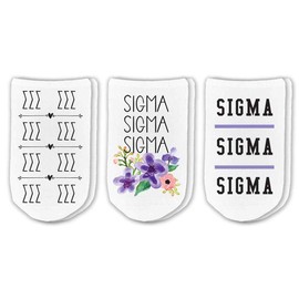 Tri Sigma Sorority Design White Cotton No Show Socks - Set of 3 Pairs of Floral, Boho Repeat Letters and Name