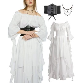 minkasic Women's Medieval Pirate Costume with Medieval Dress Pirate Corset Necklaces (White, 2XL/3XL)