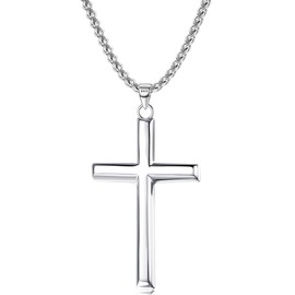 MILACOLATO Solid 925 Sterling Silver Cross Necklace for Men Women, 2mm Diamond-Cut Sterling Silver Rolo Chain with Cross Pendant Beveled Edge for Men, Women Mens Silver Crucifix Cross Necklace Jewelry 24 Inches