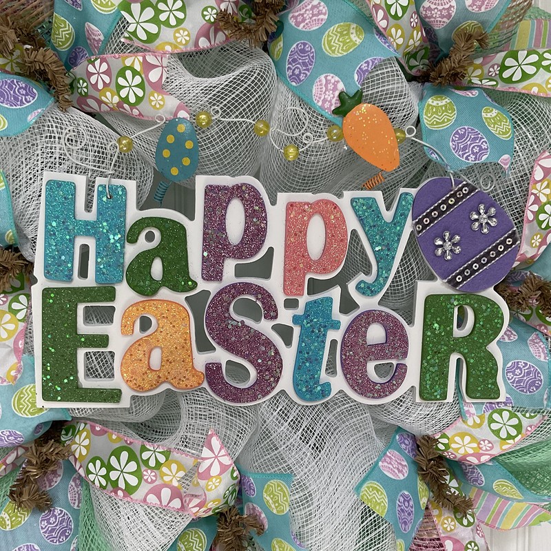 Happy Easter Glittering Pastel Wreath Handmade Deco Mesh