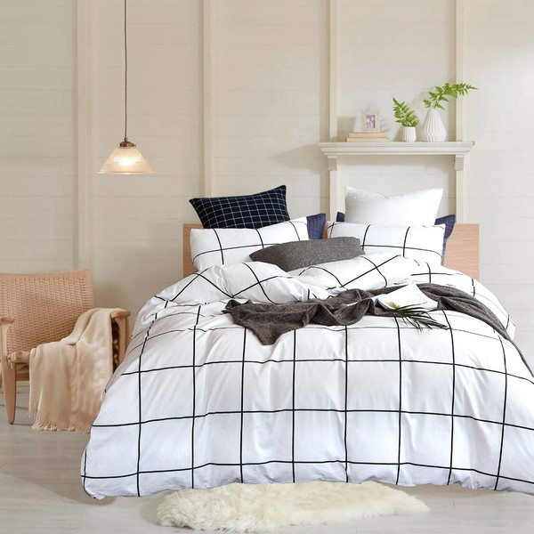 Wellboo White Plaid Duvet Cover Sets Cotton Black and White Grid Checkered Bedding Covers Queen Women Men Large Plaid Comforter Covers Full Modern White Geometric Quilt Covers Aesthetic Soft Health