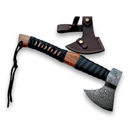 Hand Forged Damascus Steel Viking Axe with Rose Wood Handle & Leather Sheath – Camping, Survival, Bushcraft Hatchet OB-0786