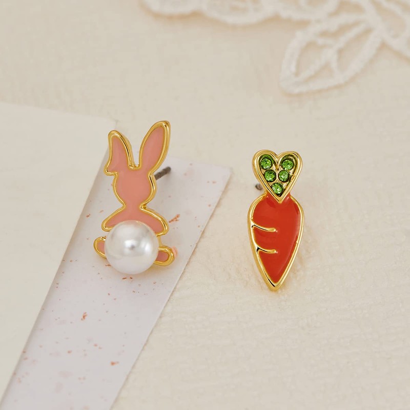MUYAN Cute Small Easter Bunny Stud Earrings Pink Rabbit Orange