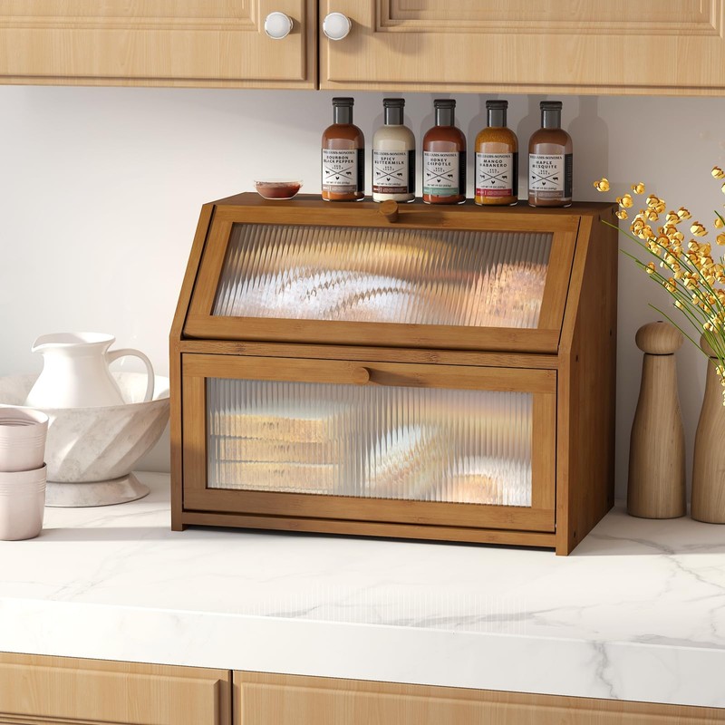 Vriccc Bread Box for Kitchen Counter, Large Bamboo Wood Double