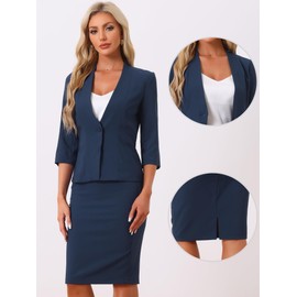Allegra K Business Skirt Suit Set for Women's 2 Piece Office Work Outfit Collarless Blazer Pencil Skirt Navy Blue M