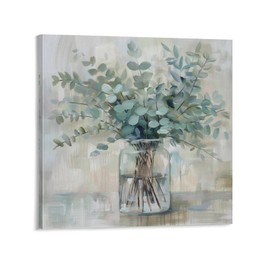 CHUKIWIS Rustic Minimalism Canvas Wall Art Eucalyptus Flower Herb Country Jar Prints Painting Home Decor for Living Room Bedroom Bathroom Office Ready to Hang 14"x14"