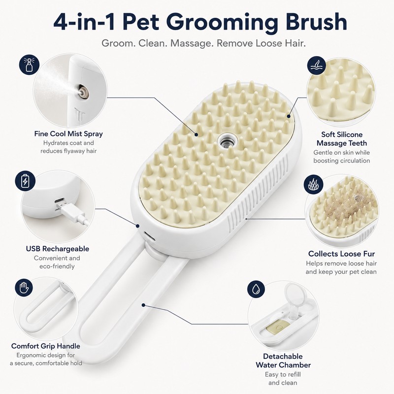 4-in-1 Pet Mist Grooming Brush – Rechargeable Spray Comb for