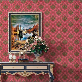 JZ·HOME Y9151 Luxury Damask Wallpaper Peel and Stick 17.7in x 9.8ft Red Self Adhesive Removable Contact Paper Damask Furniture Decor Paper Vinyl Film Home Decoration