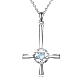 Upside Down Cross Necklace 925 Sterling Silver Pentagram Moonstone Necklace Witch Jewelry for Women Men