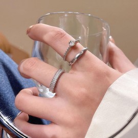 GIGB PBDK Cubic Zirconia Knuckle Ring Sets for Women,Silver Chunky Stackable Rhinestone Thumb Statement Ring,Minimalist Open Adjustable Metal Ring Jewelry Gifts (Silver)