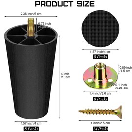 TURSTIN 8 Pack 4 Inch Plastic Furniture Legs with M8 T-nuts Screws Tapered Sofa Couch and Chair Legs Replacement Furniture Leg for DIY Projects Sofas Coffee Tables Dressers Beds