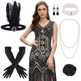 FEPITO 1920s V-neck sequins beads fringe dress with 20s accessory set, Black and gold (style 2), l