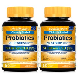 NewRhythm Probiotics 50 Billion CFU 20 Strains, 120 Veggie Capsules, Targeted Release Technology, Stomach Acid Resistant, No Need for Refrigeration, Non-GMO, Gluten Free