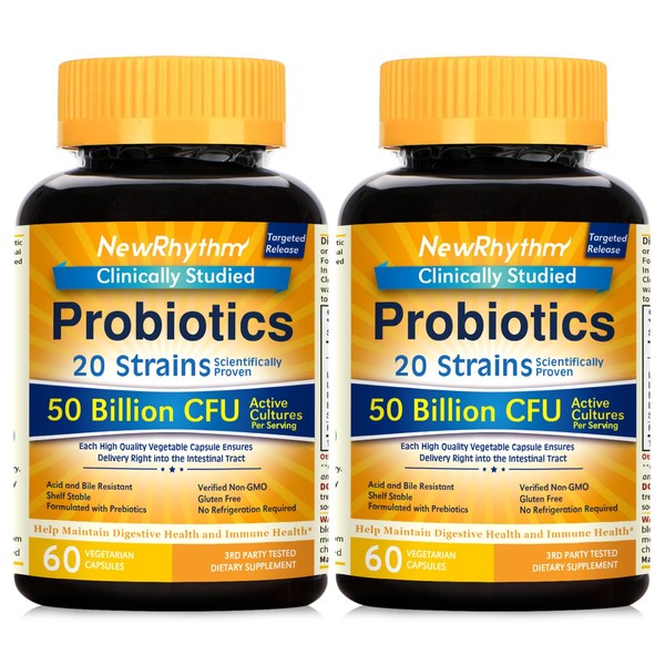 NewRhythm Probiotics 50 Billion CFU 20 Strains, 120 Veggie Capsules,