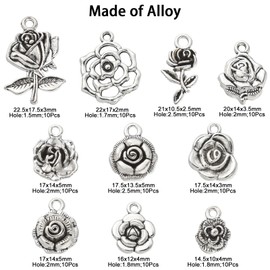 LiQunSweet 100 Pcs 10 Styles Plant Charm Rose Flower Charms for Jewelry Making Bracelet Necklace Earrings Bulk DIY