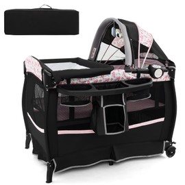 HONEY JOY Pack and Play, 4 in 1 Portable Baby Crib Playpen w/Bassinet, Changing Table, Canopy, Mattress, Music Box, Storage Bag, Foldable Pack and Play Nursery Center for Infant Boys Girls