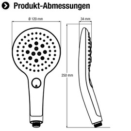 Cornat TECB3427 Pecorino Hand Shower Head Diameter 129 mm Chrome-Plated / Black 3 Jet Types: Normal, Soft & Massage Jet Anti-Limescale and Water-Saving Insert / Shower Head for Shower and Bathtub