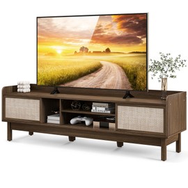 Tangkula Farmhouse TV Stand for TVs up to 65”, Mid Century Modern TV Console Table w/Storage for Living Room, Media Entertainment Center w/Adjustable Shelf & Sliding Doors (Walnut, 59”L, up to 65"TV)