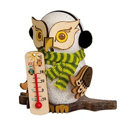 Drechslerei Kuhnert Smoke Figure / Incense Figure - Owl with Thermometer Made of Solid Wood - Approx. 15 cm - Made in Germany