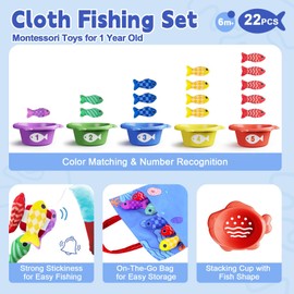 MOONKATE Montessori Cloth Fishing Toys for Kids Toddlers with Stacking Cups, Number Counting, Color Sorting for Educational Learning